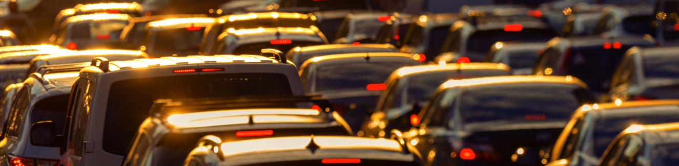 Car traffic jam at sunset selective focus