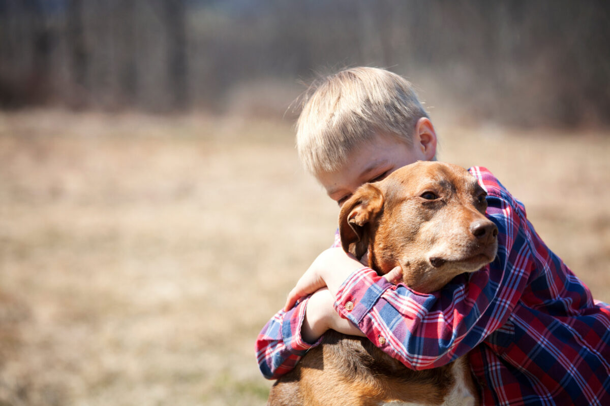 boy hugging dog